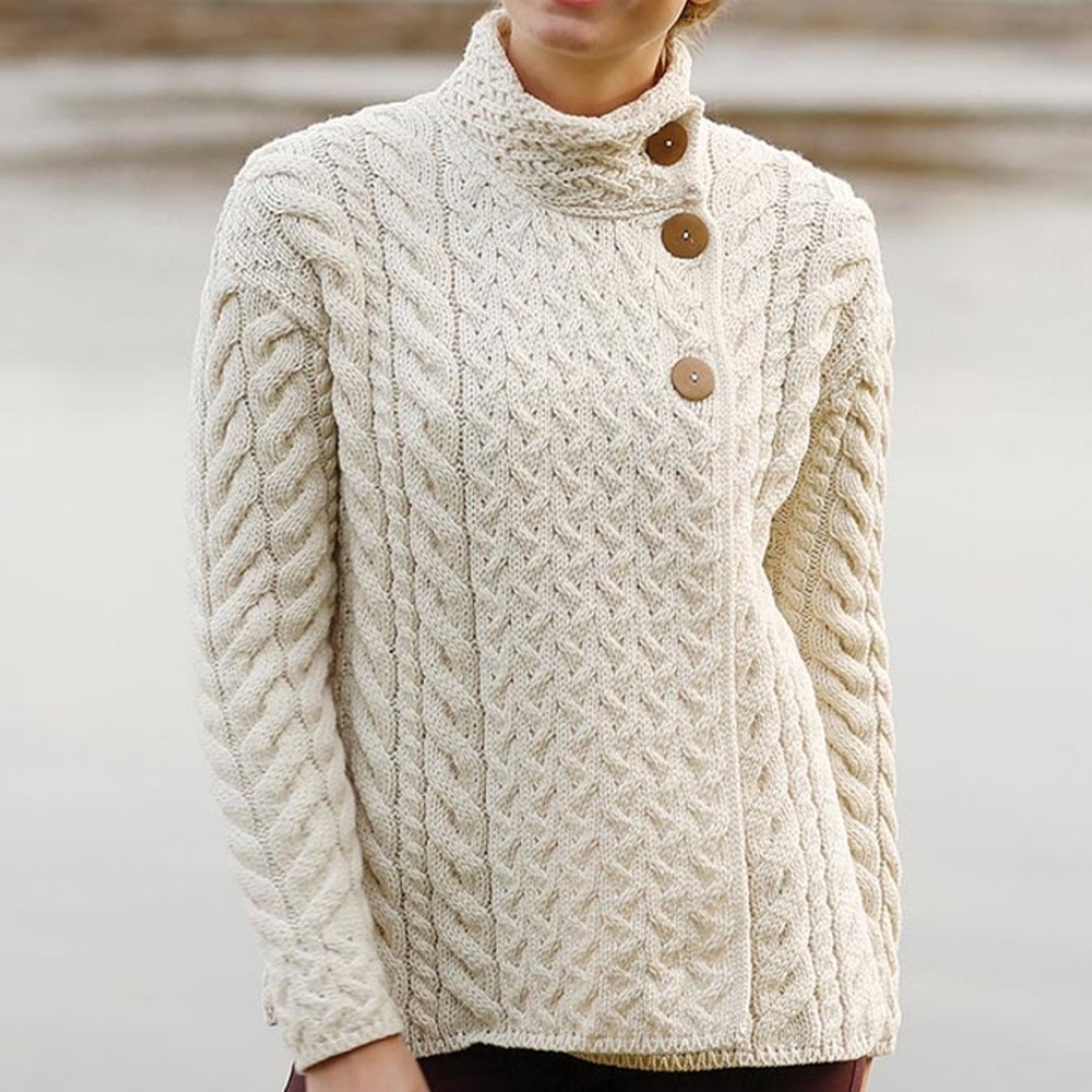 Aran Sweater Market Ireland Wool Trellis Cable Button Cardigan Cream Ivory Small